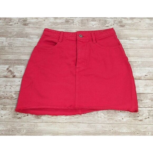 J. Galt Shanghai Womens Size 5 Red Cotton Pockets Raw Hem Mini Jean Denim Skirt - Picture 1 of 6